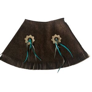 Little Girl 4 Faux Leather Brown Cowgirl Skirt Fringed Blue Ribbon Flowers Rodeo